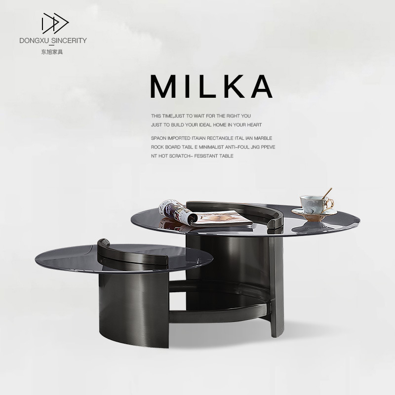 意式极简圆形茶几轻奢现代简约创意不锈钢茶色钢化玻璃茶几组合