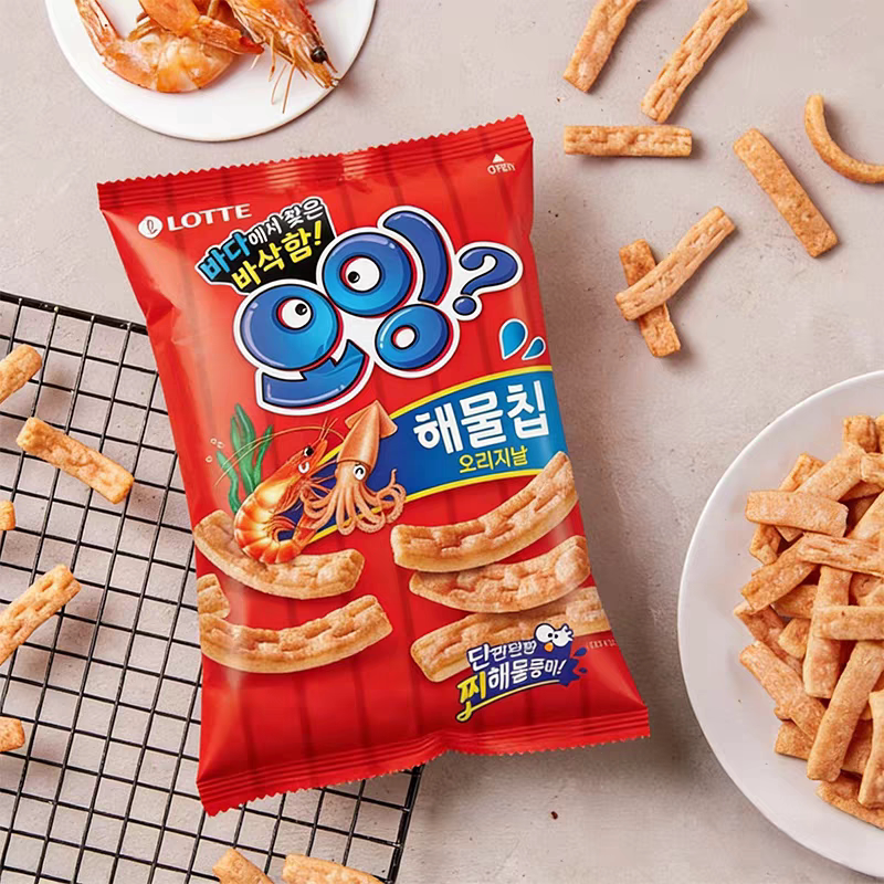 韩国进口 乐天鱿鱼脆虾条75g办公室休闲膨化食品鲜虾味追剧小零食