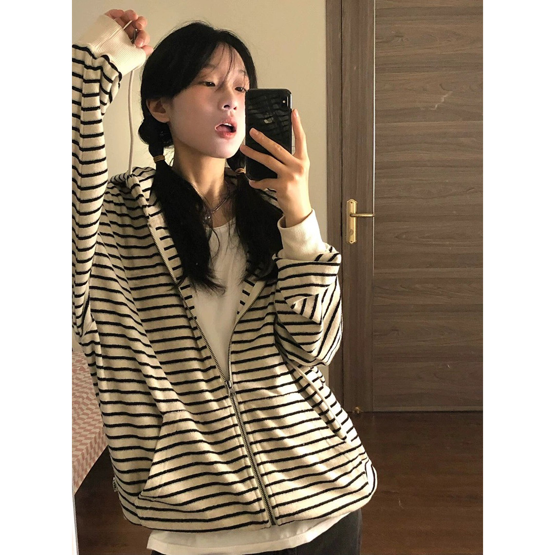 美式复古条纹连帽卫衣外套女秋慵懒风宽松潮百搭开衫学生上衣