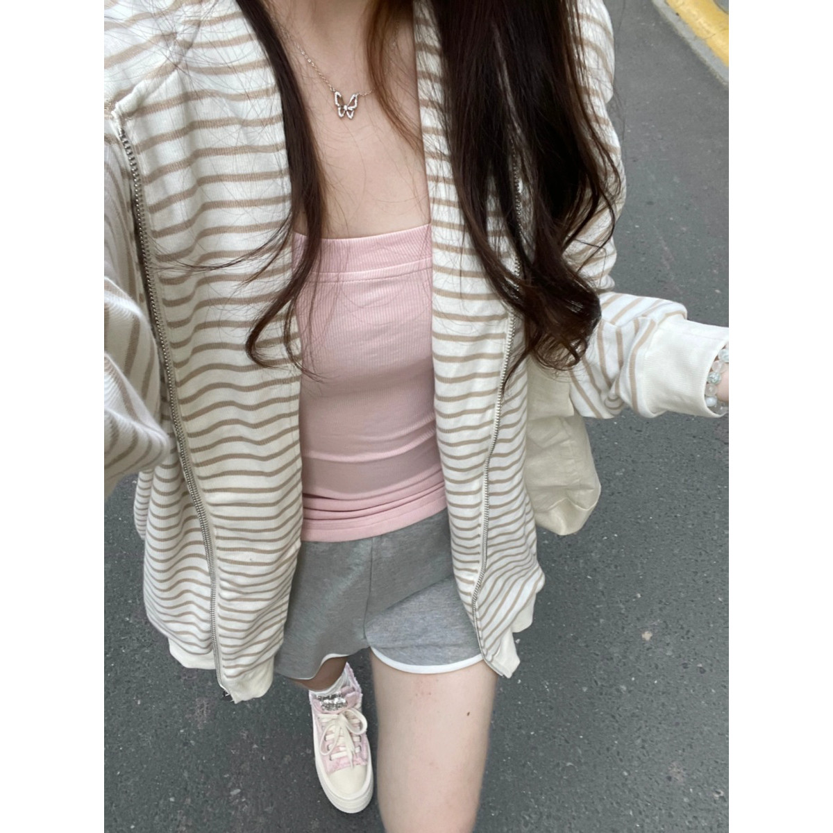美式复古条纹连帽卫衣外套女秋慵懒风宽松潮百搭开衫学生上衣