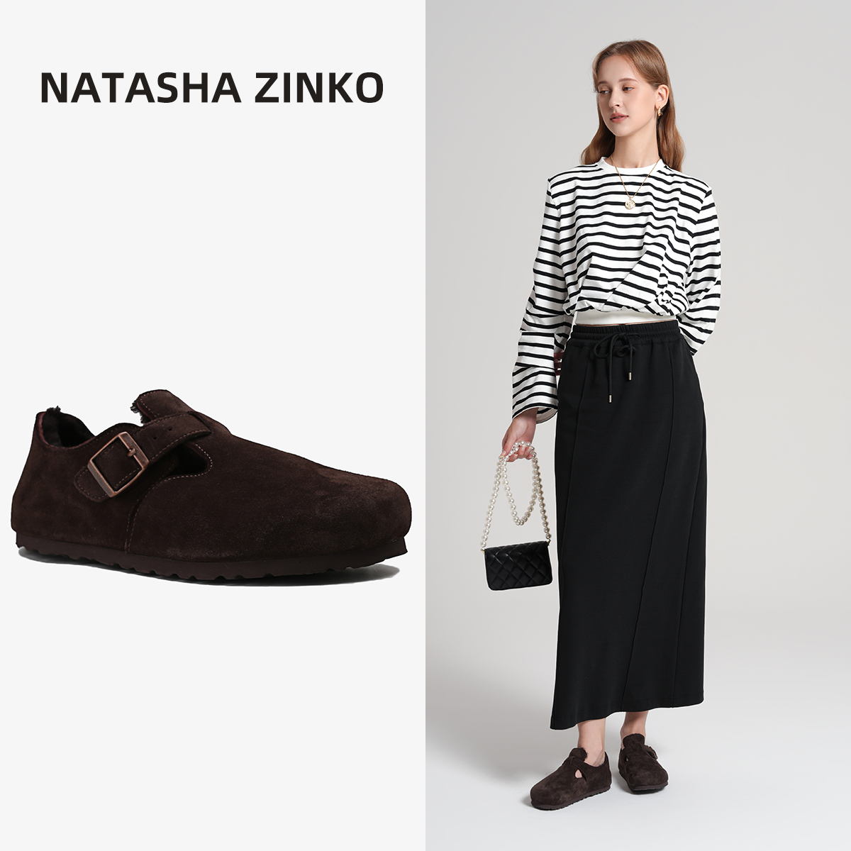 Natasha Zinko厚底加毛勃肯鞋女2024年秋冬保暖皮毛一体懒人单鞋