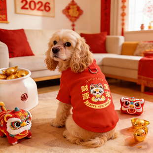 可卡狗狗2026新年衣服红色喜庆加厚马年春节防脏宠物可牵引高颜值