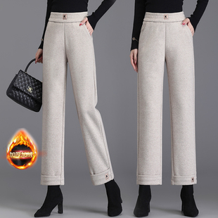 羊毛呢休闲直筒裤女新款秋冬松紧腰显瘦人字纹加厚加绒烟管九分裤