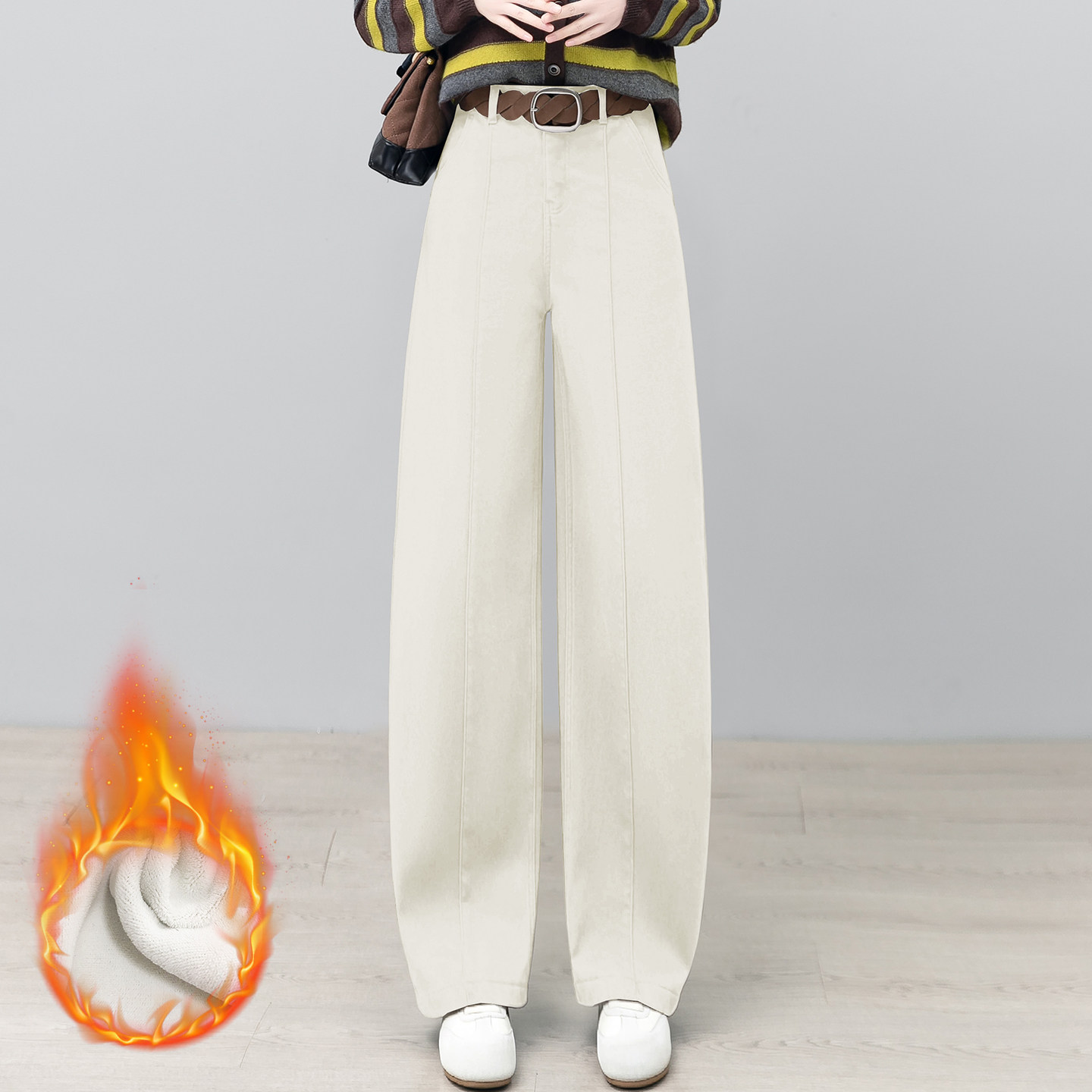米白色高腰弯刀阔腿裤女2025年秋冬季加绒显瘦遮跨韩版休闲直筒裤,女装/女士精品,休闲裤,淘宝优惠券,粉丝福利购,淘宝优惠卷