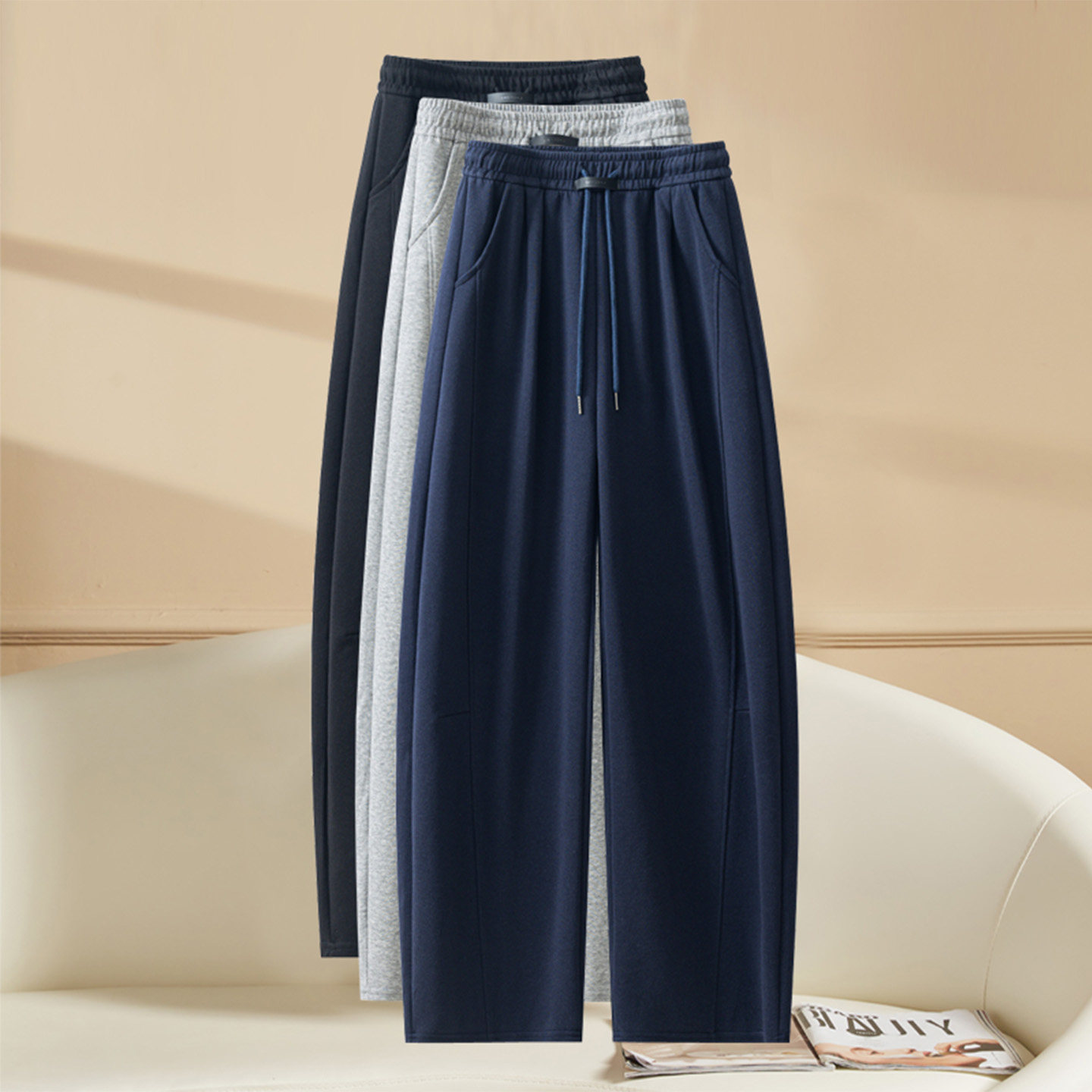 时尚休闲弯刀裤女2025年春秋季新款高腰显瘦宽松抽绳流行直筒卫裤