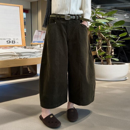 韩系复古灯芯绒九分显瘦阔腿裤女