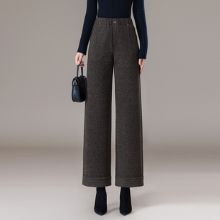 显瘦垂感松紧腰毛呢休闲直筒长裤 紫色羊绒阔腿裤 女2025年秋冬新款