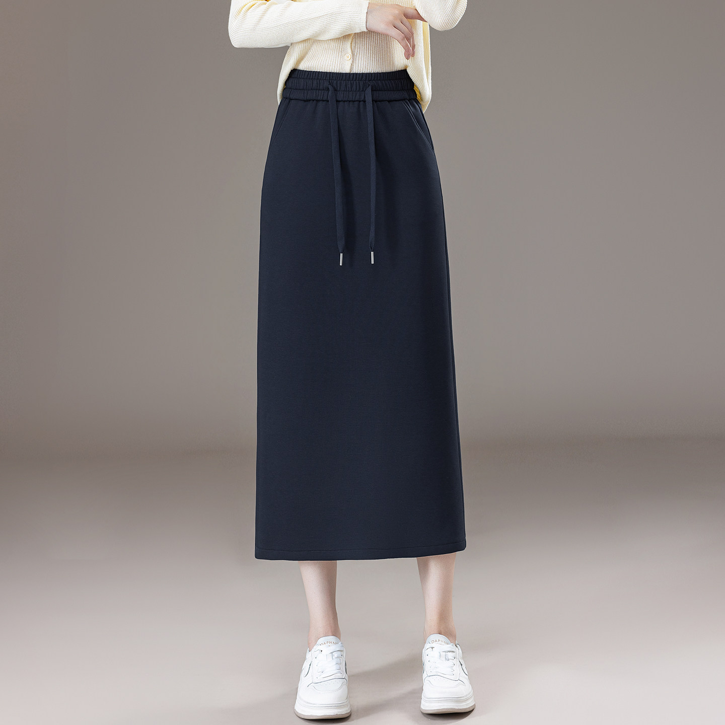藏青色休闲直筒半身裙女2026春季新款松紧腰中长款开叉包臀A字裙