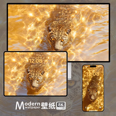 金色豹子8K高清壁纸手机ipad平板电脑mac桌面水波纹高级感风景图