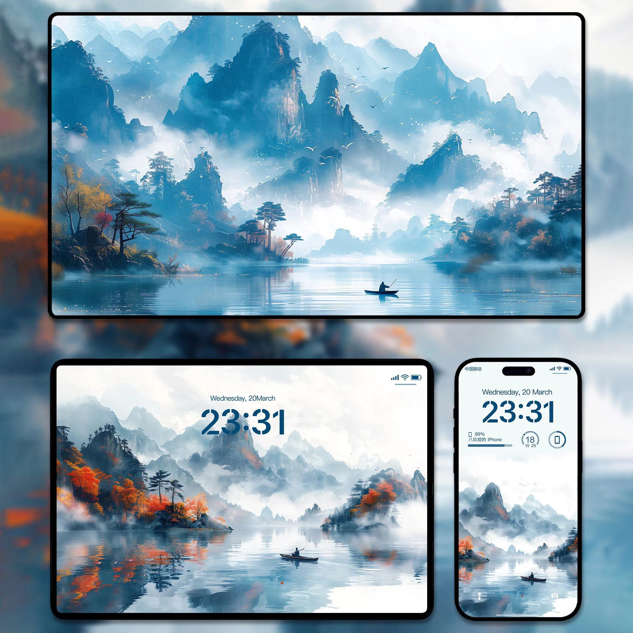 江南烟雨国风山水插画壁纸iphone苹果手机ipad平板电脑壁纸素材图