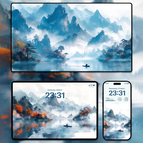江南烟雨国风山水插画壁纸iphone苹果手机ipad平板电脑壁纸素材图