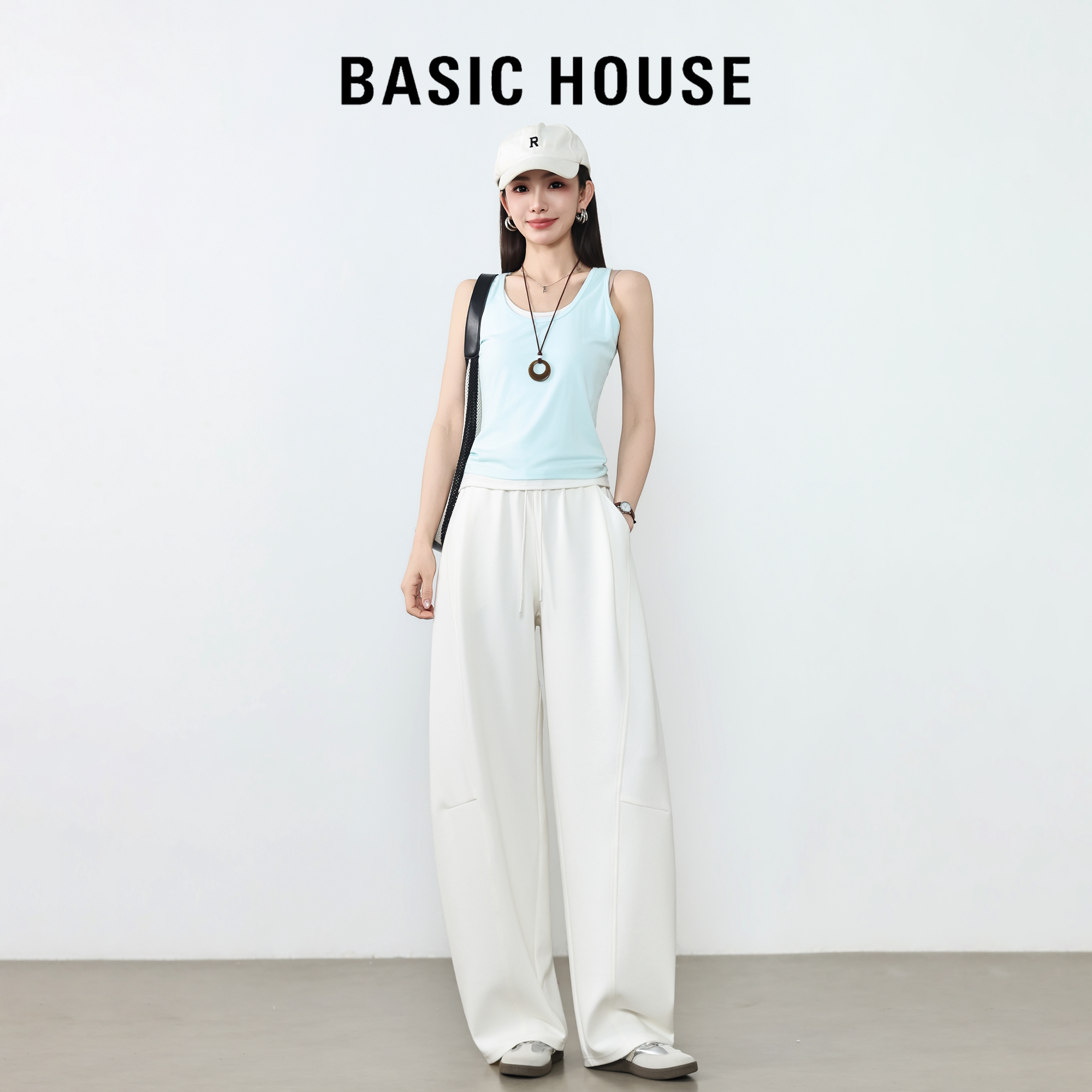 Basic House百家好春夏白色弯刀裤女2026新款高腰抽绳显瘦休闲裤 - 实物图
