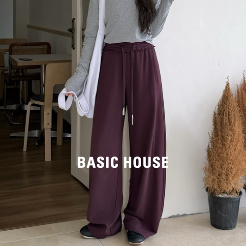 Basic House百家好藏青色弯刀裤女2026秋季松紧腰显瘦休闲运动裤