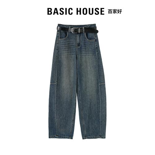 Basic House百家好复古显瘦弯刀裤女2026解构分割宽松弹力阔腿裤