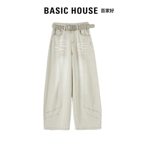 Basic House百家好轻奢弯刀裤女新款猫须纹设计感复古显瘦牛仔裤