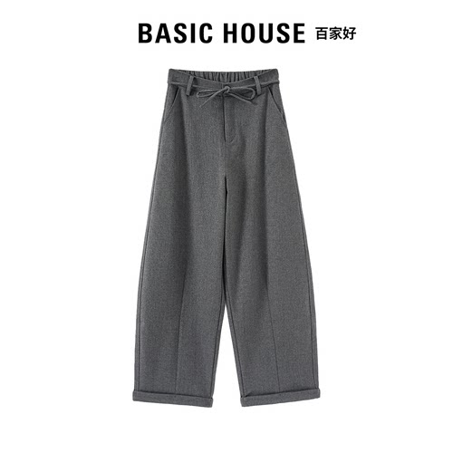 Basic House百家好羊毛休闲裤女2026秋季弹力百搭高腰显瘦弯刀裤