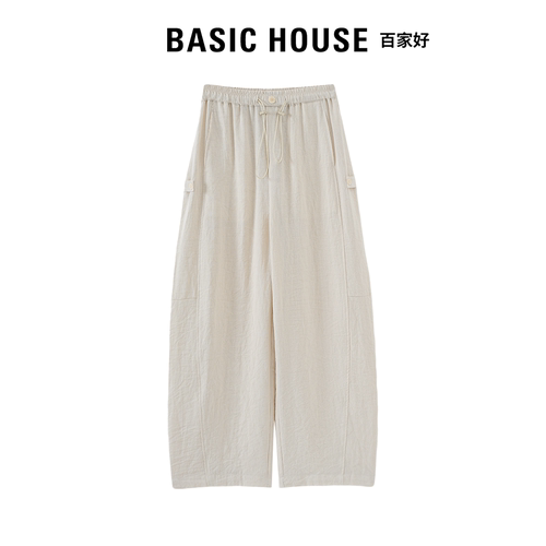 Basic House百家好2026薄款弯刀裤女松紧腰垂感显瘦苎麻休闲裤夏