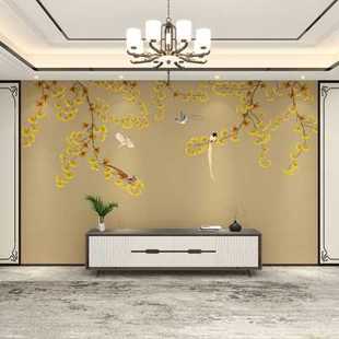 新款 饰 银杏叶花鸟暖色壁纸电视沙发背景墙纸客厅影视墙布装 新中式