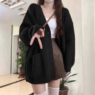 宽松基础中长款 毛衣外套韩版 女秋冬新款 慵懒风复古日系针织薄开衫