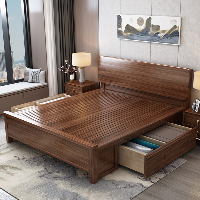 源氏木语胡桃木实木木床现代简约家用1.35气压杆储物单人床