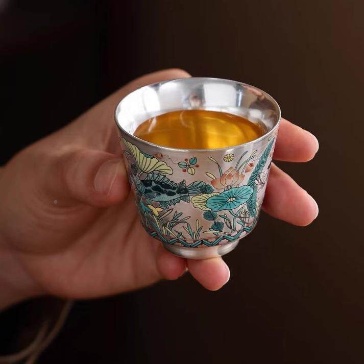 鎏夫银瓷荷趣鱼藻纹功茶具套SX-0396银壶银杯陶茶杯瓷包银高档装