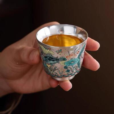 鎏夫银瓷荷趣鱼藻纹功茶具套SX-0396银壶银杯陶茶杯瓷包银高档装
