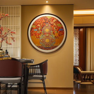 柿柿如意新中式 饰画圆形玄关挂画轻奢高级感入户门走廊壁画 客厅装