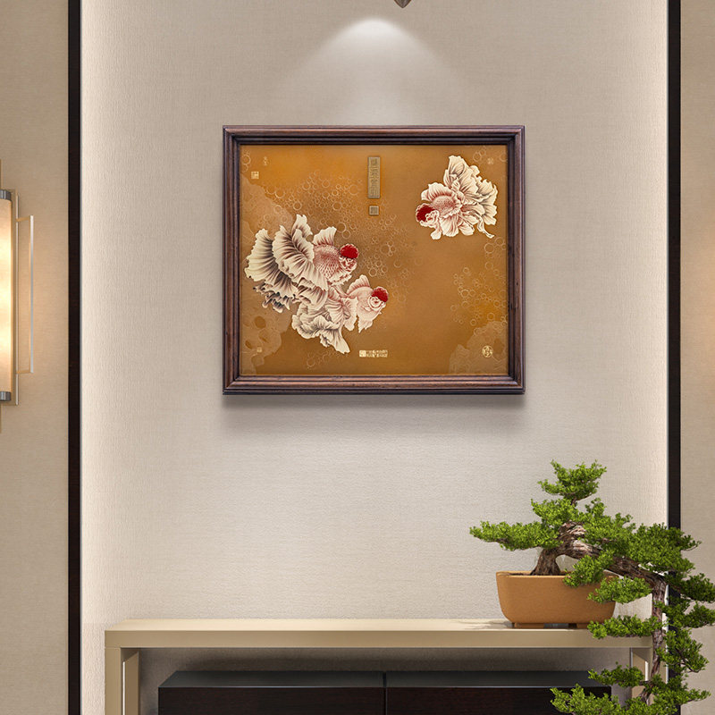 鸿运当头新中式客厅玄关装饰画办公室聚宝盆大气复古挂画手工铜画_虎窝淘