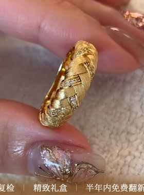 布契风重工拉丝编织麦穗戒指小众轻奢高级感高保色厚镀金麻花戒指