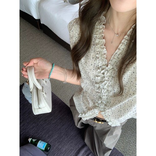 ASHENONLINE 苏黎世夏 **印花水溶衬衫女V领显瘦短款休闲上衣夏潮