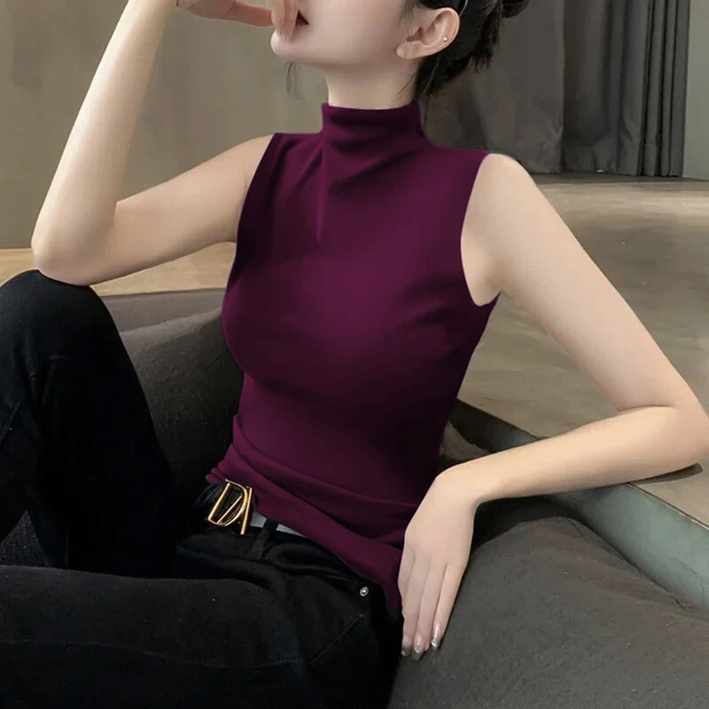 气质半高领无袖针织背心女