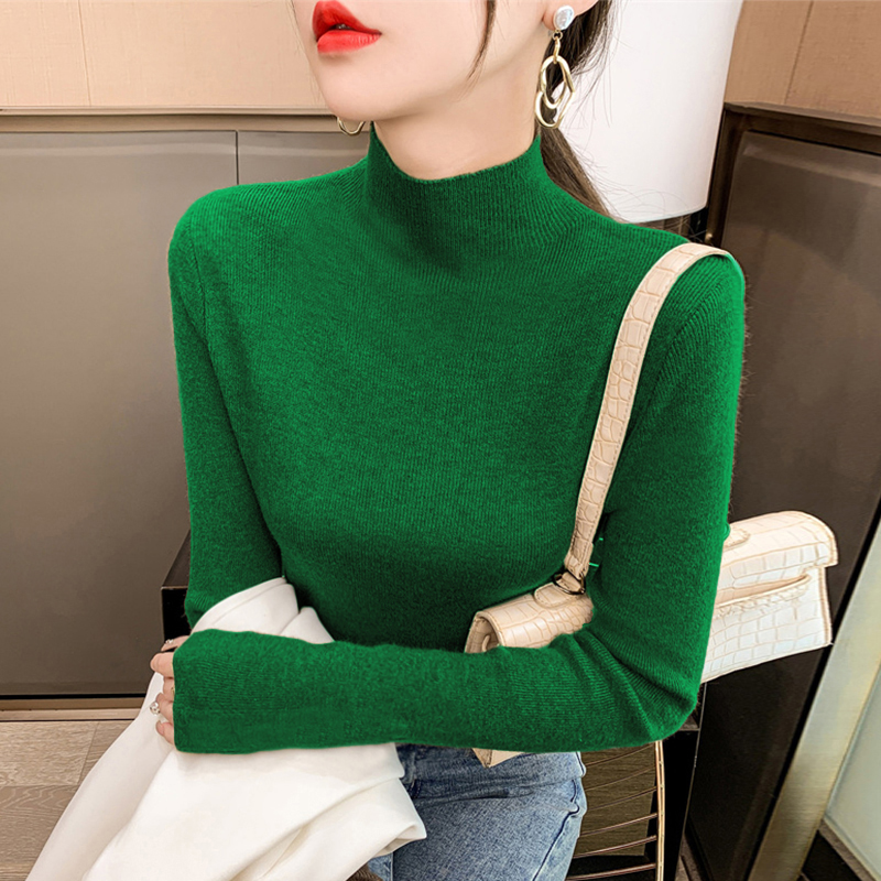 半高领羊毛针织衫女2025秋冬新款修身内搭绿色洋气毛衣气质打底衫