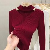 2026新款 女秋冬洋气半高领挂脖镂空毛衣 设计感性感内搭打底针织衫