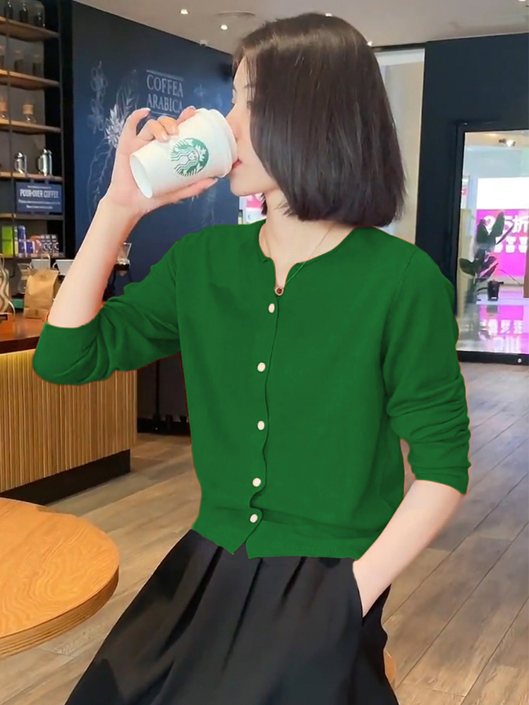 2025新款绿色软糯长袖外套女针织开衫女秋季薄款外搭修身上衣洋气