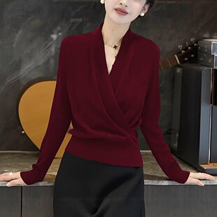 安哥拉红高级感交叉V领针织衫女秋冬百搭洋气收腰软糯打底衫毛衣