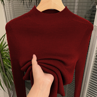 2025秋冬新款修身气质内搭打底衫中领毛衣半高领羊毛红色针织衫女