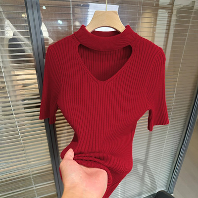 欧货V领镂空打底女春秋修身中袖