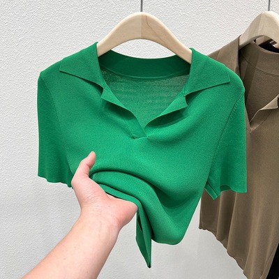 2025夏季新款气质T恤时尚修身POLO领体恤短袖翻领冰丝针织上衣女