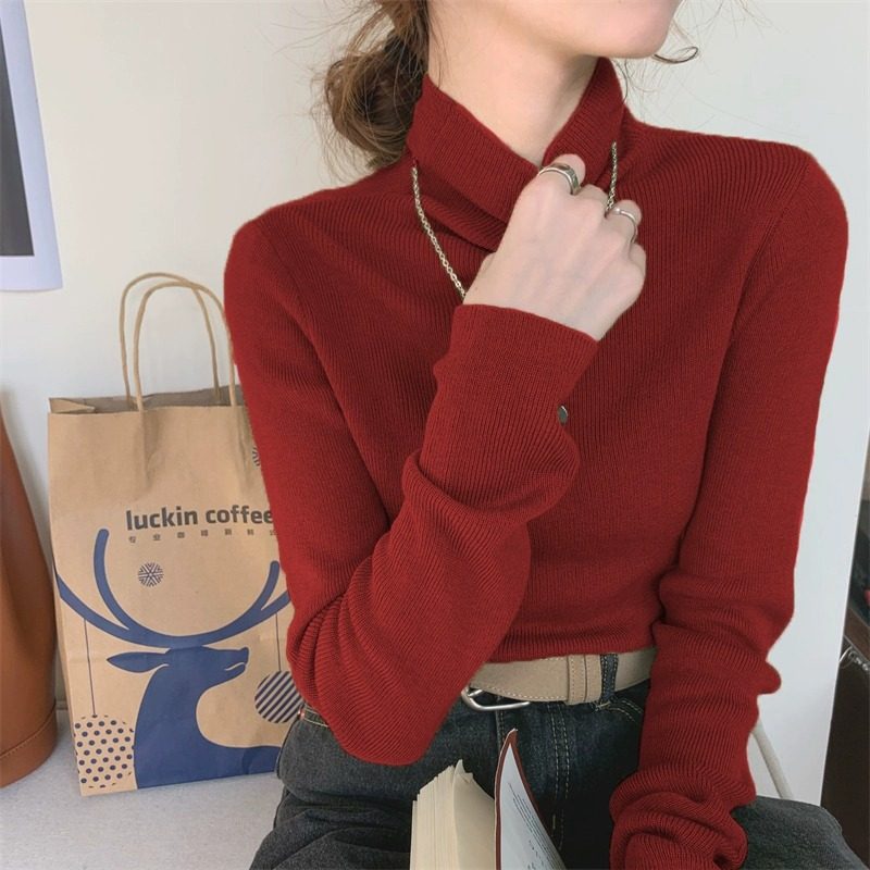 2025秋冬新款高领复古红别致打底衫女翻领洋气针织衫羊毛内搭毛衣,女装/女士精品,毛针织衫,淘宝优惠券,粉丝福利购,淘宝优惠卷