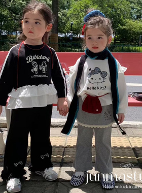 AH童装女童宝宝儿童秋装甜美荷叶边蝴蝶结卫衣木耳边喇叭裤长裤子