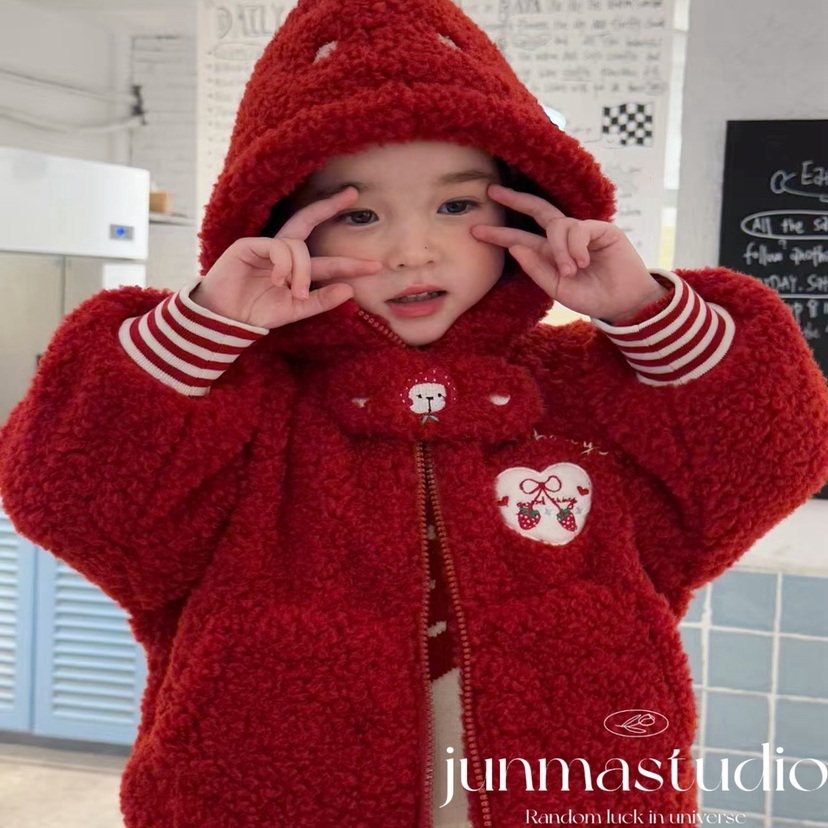 AH童装女童宝宝儿童冬装新款韩系草莓加绒连帽毛毛外套棉衣棉服,童装/婴儿装/亲子装,棉袄/棉服,淘宝优惠券,粉丝福利购,淘宝优惠卷