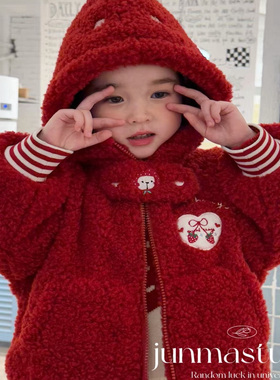 AH童装女童宝宝儿童冬装新款韩系草莓加绒连帽毛毛外套棉衣棉服