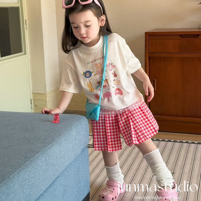 清仓！opao童装女童宝宝儿童夏装蕾丝卡通短袖T恤格子短裤套装