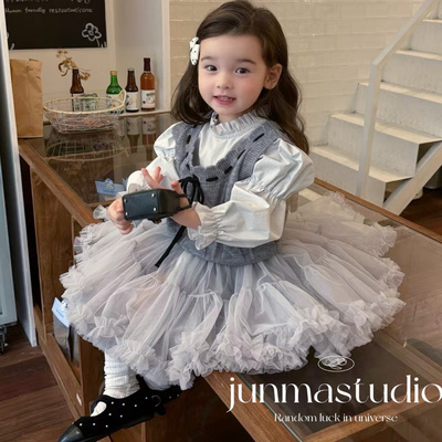 opolala童装女童宝宝儿童秋装新款韩系木耳领衬衣马甲套装纱裙