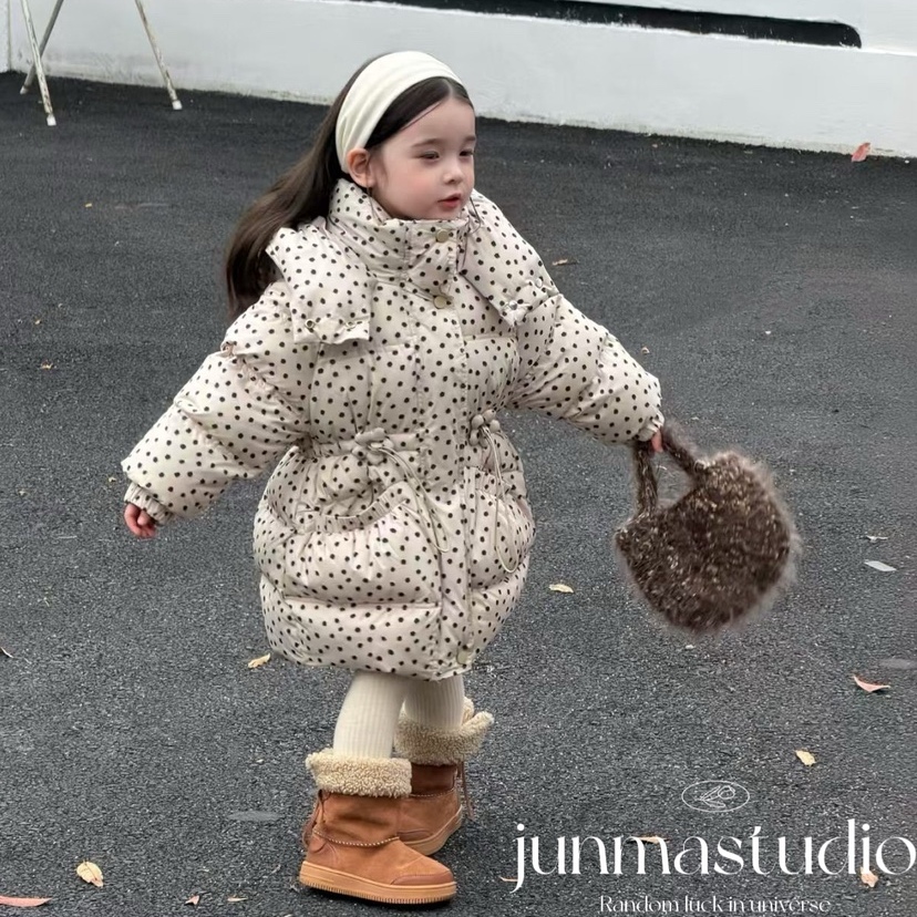 品牌童装女童宝宝儿童冬装韩系波点中长款连帽羽绒服白鸭绒外套