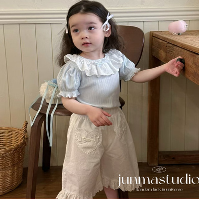 清仓！opolala童装女童宝宝儿童夏装花边领短袖T恤花边7分休闲裤