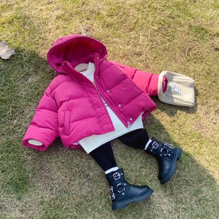 品牌童装女童儿童冬装韩版玫粉色面包服90白鸭绒加厚连帽羽绒服