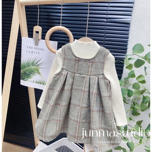 品牌童装女童儿童宝宝冬装羊毛加绒韩系毛呢格子背心裙连衣裙子