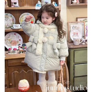 橙小7童装女童宝宝儿童冬装新款蝴蝶结90白鸭绒纯色连帽羽绒服