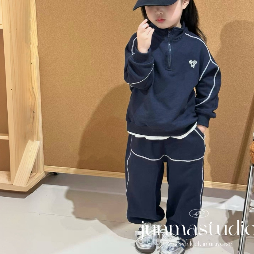 小妞大咖童装男女童宝宝儿童冬装学院风立领加绒卫衣运动裤套装